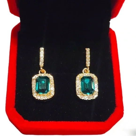 Gold and Green Drop Earrings with Rhinestones - Picture 5 of 6